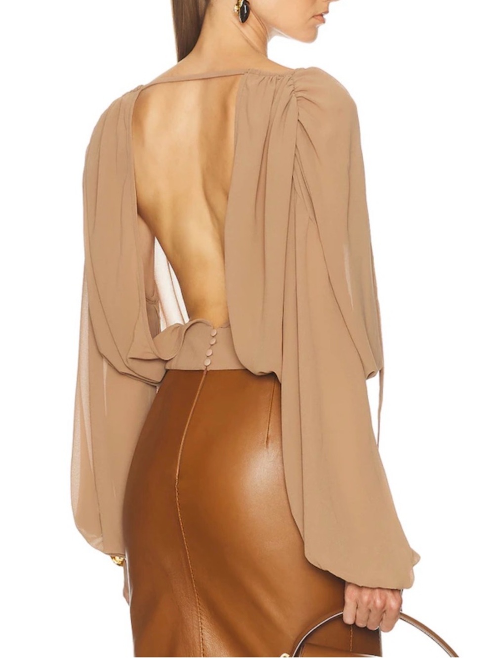 LPA Davina Blouse Open-Back Long Sleeve Blouse Dress in Camel